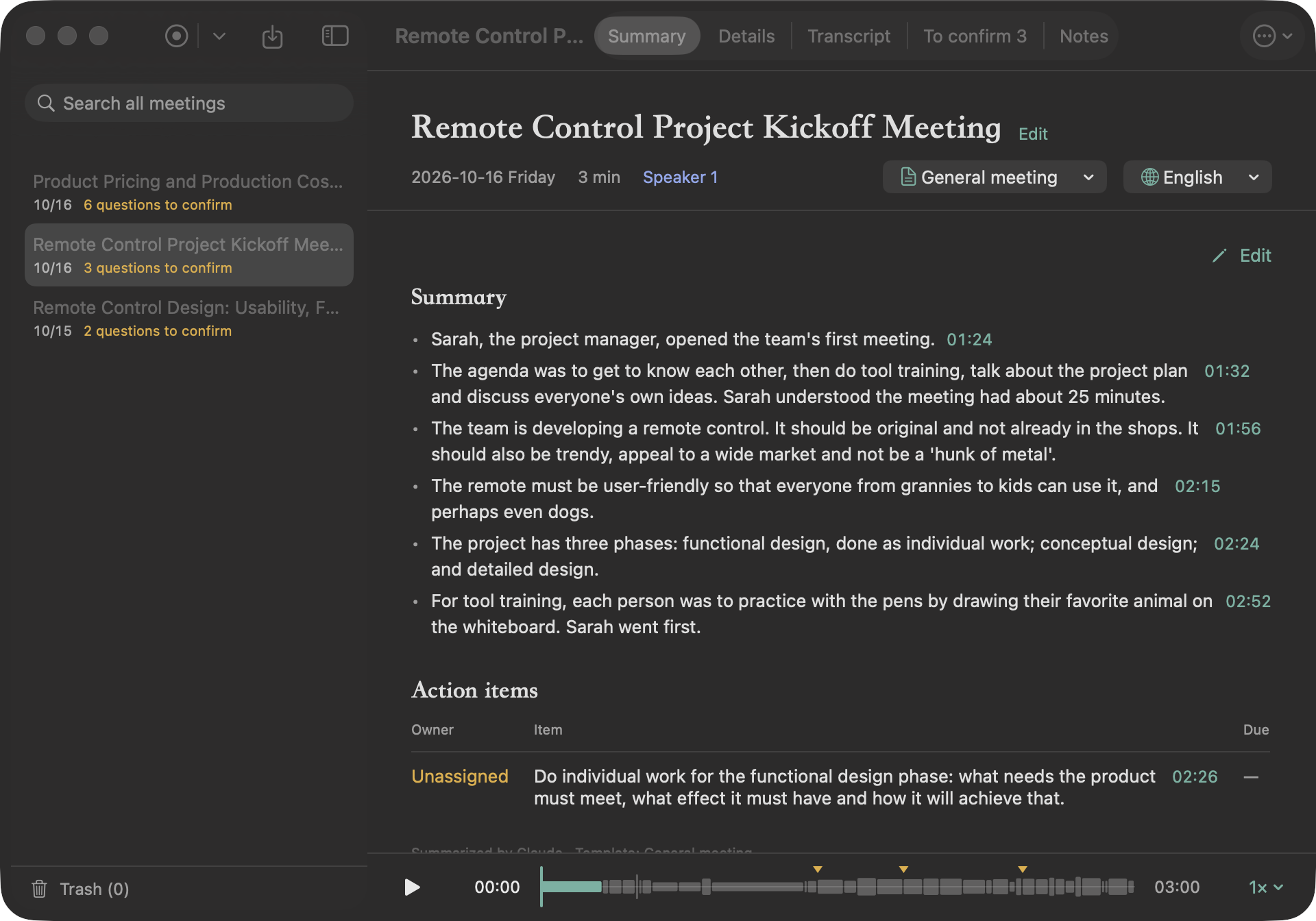 Meeting notes in Shiyin: summary, decisions and action items, each with a timestamp